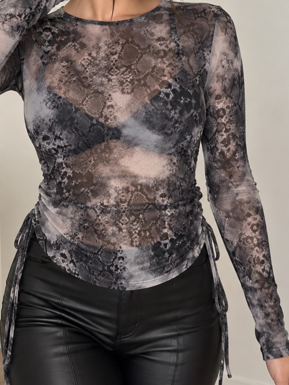 Sheer Ruched Snake-Print Long-Sleeve Top - Gray
